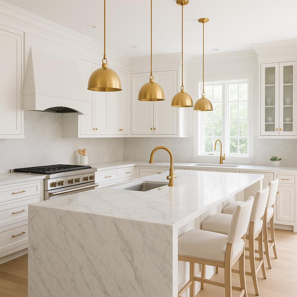 Modern white quartz kitchen countertops with waterfall island