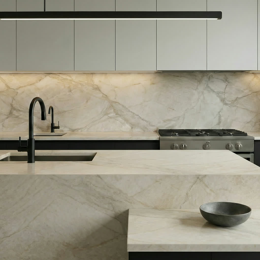 Taj Mahal quartzite kitchen countertops with large island